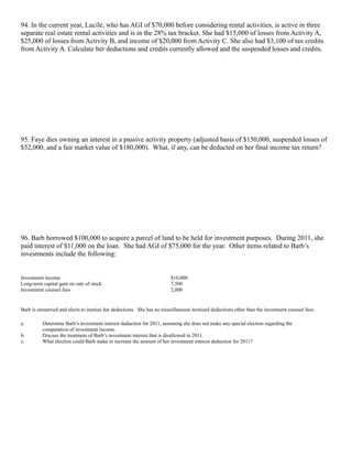 94. In the current year, Lucile, who has AGI of $70,000 before considering rental activities, is active in three
separate real estate rental activities and is in the 28% tax bracket. She had $15,000 of losses from Activity A,
$25,000 of losses from Activity B, and income of $20,000 from Activity C. She also had $3,100 of tax credits
from Activity A. Calculate her deductions and credits currently allowed and the suspended losses and credits.




95. Faye dies owning an interest in a passive activity property (adjusted basis of $150,000, suspended losses of
$52,000, and a fair market value of $180,000). What, if any, can be deducted on her final income tax return?




96. Barb borrowed $100,000 to acquire a parcel of land to be held for investment purposes. During 2011, she
paid interest of $11,000 on the loan. She had AGI of $75,000 for the year. Other items related to Barb’s
investments include the following:


Investment income                                                      $10,000
Long-term capital gain on sale of stock                                7,500
Investment counsel fees                                                2,000


Barb is unmarried and elects to itemize her deductions. She has no miscellaneous itemized deductions other than the investment counsel fees.

a.        Determine Barb’s investment interest deduction for 2011, assuming she does not make any special election regarding the
          computation of investment income.
b.        Discuss the treatment of Barb’s investment interest that is disallowed in 2011.
c.        What election could Barb make to increase the amount of her investment interest deduction for 2011?
 