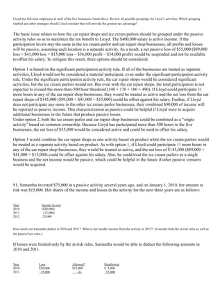 Lloyd has full-time employees at each of the five businesses listed above. Review all possible groupings for Lloyd’s activities. Which grouping
method and other strategies should Lloyd consider that will provide the greatest tax advantage?


The basic issue relates to how the car repair shops and ice cream parlors should be grouped under the passive
activity rules so as to maximize the tax benefit to Lloyd. The $400,000 salary is active income. If the
participation levels stay the same in the ice cream parlor and car repair shop businesses, all profits and losses
will be passive, assuming each location is a separate activity. As a result, a net passive loss of $55,000 ($89,000
loss + $41,000 loss + $15,000 loss – $56,000 profit – $34,000 profit) would be suspended and not be available
to offset his salary. To mitigate this result, three options should be considered.

Option 1 is based on the significant participation activity rule. If all of the businesses are treated as separate
activities, Lloyd would not be considered a material participant, even under the significant participation activity
rule. Under the significant participation activity rule, the car repair shops would be considered significant
activities, but the ice cream parlors would not. But even with the car repair shops, the total participation is not
expected to exceed the more-than-500 hour threshold (140 + 170 + 180 = 490). If Lloyd could participate 11
more hours in any of the car repair shop businesses, they would be treated as active and the net loss from the car
repair shops of $145,000 ($89,000 + $41,000 + $15,000) could be offset against his salary. Further, if Lloyd
does not participate any more in the other ice cream parlor businesses, their combined $90,000 of income will
be reported as passive income. This characterization as passive could be helpful if Lloyd were to acquire
additional businesses in the future that produce passive losses.
Under option 2, both the ice cream parlor and car repair shop businesses could be combined as a “single
activity” based on common ownership. Because Lloyd has participated more than 500 hours in the five
businesses, the net loss of $55,000 would be considered active and could be used to offset his salary.

Option 3 would combine the car repair shops as one activity based on product while the ice cream parlors would
be treated as a separate activity based on product. As with option 1, if Lloyd could participate 11 more hours in
any of the car repair shop businesses, they would be treated as active, and the net loss of $145,000 ($89,000 +
$41,000 + $15,000) could be offset against his salary. Also, he could treat the ice cream parlors as a single
business and the net income would be passive, which could be helpful in the future if other passive ventures
would be acquired.



91. Samantha invested $75,000 in a passive activity several years ago, and on January 1, 2010, her amount at
risk was $15,000. Her shares of the income and losses in the activity for the next three years are as follows:


Year                 Income (Loss)
2010                 ($20,000)
2011                  (15,000)
2012                  25,000


How much can Samantha deduct in 2010 and 2011? What is her taxable income from the activity in 2012? (Consider both the at-risk rules as well as
the passive loss rules.)


If losses were limited only by the at-risk rules, Samantha would be able to deduct the following amounts in
2010 and 2011.


Year               Loss                      Allowed*                Disallowed
2010               $20,000                   $15,000                 $ 5,000
2011                15,000                      –0–                   15,000
 