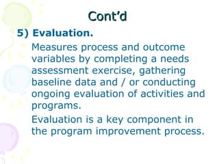 Cont’dCont’d
5) Evaluation.
Measures process and outcome
variables by completing a needs
assessment exercise, gathering
baseline data and / or conducting
ongoing evaluation of activities and
programs.
Evaluation is a key component in
the program improvement process.
 