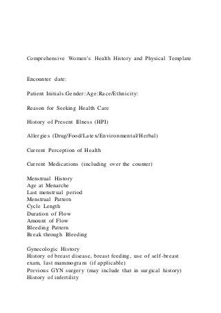 Comprehensive Women’s Health History and Physical Template | DOCX