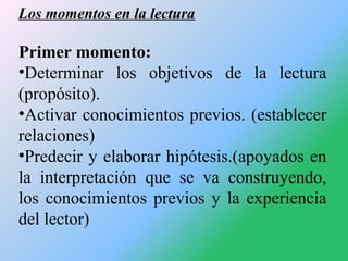 Los momentos en la lectura

Primer momento:
•Determinar los objetivos de la lectura
(propósito).
•Activar conocimientos pr...