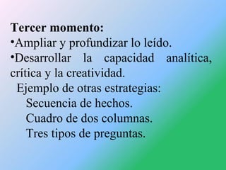 Tercer momento:
•Ampliar y profundizar lo leído.
•Desarrollar la capacidad analítica,
crítica y la creatividad.
Ejemplo de...
