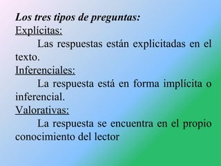 Los tres tipos de preguntas:
Explícitas:
Las respuestas están explicitadas en el
texto.
Inferenciales:
La respuesta está e...