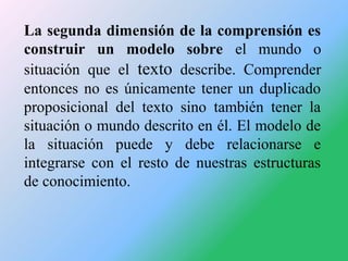 La segunda dimensión de la comprensión es
construir un modelo sobre el mundo o
situación que el texto describe. Comprender...