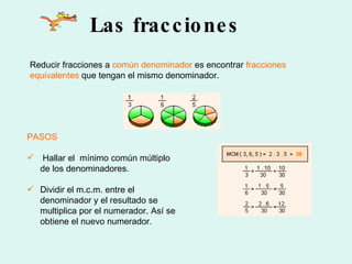 Las fracciones Reducir fracciones a  común denominador  es encontrar  fracciones   equivalentes  que tengan el mismo denominador.  PASOS Hallar el  mínimo común múltiplo de los denominadores.  Dividir el m.c.m. entre el denominador y el resultado se multiplica por el numerador. Así se obtiene el nuevo numerador. 