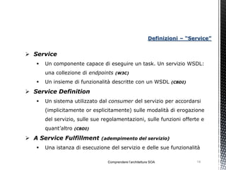 Definizioni – “Service”


 Service
      Un componente capace di eseguire un task. Un servizio WSDL:
       una collezione di endpoints   (W3C)

      Un insieme di funzionalità descritte con un WSDL           (CBDI)

 Service Definition
      Un sistema utilizzato dal consumer del servizio per accordarsi
       (implicitamente or esplicitamente) sulle modalità di erogazione
       del servizio, sulle sue regolamentazioni, sulle funzioni offerte e
       quant’altro   (CBDI)

 A Service Fulfillment       (adempimento del servizio)

      Una istanza di esecuzione del servizio e delle sue funzionalità

                                 Comprendere l’architettura SOA            14
 