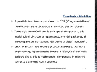 Tecnologia e Disciplina

 È possibile tracciare un parallelo con CDB (Component-Based

  Development) e le tecnologie di sviluppo per componenti

 Tecnologie come COM con lo sviluppo di componenti, o la

  modellazioni UML con la rappresentazione dei packages, si

  preoccupano dei componenti dal punto di vista “tecnologico”

 CBD, o ancora meglio CBSE (Component-Based Software

  Engineering), rappresentano invece la “disciplina” con cui si

  assicura che si stiano costruendo i componenti in maniera

  coerente e allineata con il business

                            Comprendere l’architettura SOA           25
 