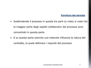 Fornitura del servizio


 Suddividendo il processo in queste tre parti (o viste) si vede che

   la maggior parte degli aspetti collaborativi del processo sono

   concentrati in questa parte

 E su questa parte esercita una notevole influenza la natura del

   contratto, la quale definisce i requisiti del processo




                              Comprendere l’architettura SOA             45
 