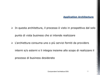 Application Architecture




 In questa architettura, il processo è visto in prospettiva dal solo


   punto di vista business che si intende realizzare


 L’archiettura consuma uno o più servizi forniti da providers

   interni e/o esterni e li integra insieme allo scopo di realizzare il


   processo di business desiderato




                               Comprendere l’architettura SOA          51
 