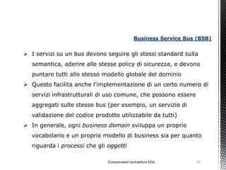 Business Service Bus (BSB)


 I servizi su un bus devono seguire gli stessi standard sulla
   semantica, aderire alle stesse policy di sicurezza, e devono
   puntare tutti allo stesso modello globale del dominio
 Questo facilita anche l’implementazione di un certo numero di
   servizi infrastrutturali di uso comune, che possono essere
   aggregati sullo stesso bus (per esempio, un servizio di
   validazione del codice prodotto utilizzabile da tutti)
 In generale, ogni business domain sviluppa un proprio
   vocabolario e un proprio modello di business sia per quanto
   riguarda i processi che gli oggetti

                               Comprendere l’architettura SOA       62
 