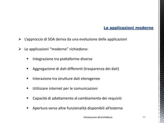Le applicazioni moderne


 L’approccio di SOA deriva da una evoluzione delle applicazioni

 Le applicazioni “moderne” richiedono:

       Integrazione tra piattaforme diverse

       Aggregazione di dati differenti (trasparenza dei dati)

       Interazione tra strutture dati eterogenee

       Utilizzare internet per le comunicazioni

       Capacità di adattamento al cambiamento dei requisiti

       Apertura verso altre funzionalità disponibili all’esterno

                                        Introduzione all’architettura         82
 