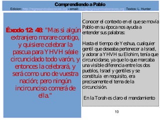10
Éxodo12: 48: "Massi algún
extranjeromorarecontigo,
y quisierecelebrar la
pascuaparaYHVH séale
circuncidadotodovarón, y
entonceslacelebrará, y
serácomounodevuestra
nación; peroningún
incircuncisocomeráde
ella."
Conocer el contextoenel quesemovía
Pabloensuépocanosayudaa
entender suspalabras:
Hastael tiempodeYeshua, cualquier
gentil quedeseabapertenecer aIsrael,
y adorar aYHVH suElohim, teníaque
circuncidarse, yaqueloquemarcaba
unavisiblediferenciaentrelosdos
pueblos, Israel y gentilesy se
constituía enrequisito, era
precisamenteel temadela
circuncisión.
EnlaTorahesclaroel mandamiento
ComprendiendoaPablo
Edicion: http://regresandoalasraices.org - email: info@regresandoalasraices.org Textos: L. Hunter
 