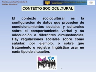 Prof. CA. Luis Raúl Hernández O.
Análisis del entorno
29
El contexto sociocultural es la
configuración de datos que proced...
