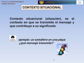Prof. CA. Luis Raúl Hernández O.
Análisis del entorno
30
CONTEXTO SITUACIONAL
Contexto situacional (situación), es el
cont...