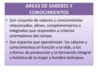 AREAS DE SABERES Y
CONOCIMIENTOS
• Son conjunto de saberes y conocimientos
relacionados, afines, complementarios e
integrados que responden a criterios
orientadores del campo.
• Son espacios que operativizan los saberes y
conocimientos en función a la vida, a los
criterios de producción y la formación integral
y holística de la mujer y hombre boliviano.
 