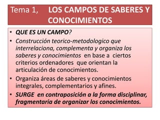 Tema 1, LOS CAMPOS DE SABERES Y
CONOCIMIENTOS
• QUE ES UN CAMPO?
• Construcción teorico-metodologico que
interrelaciona, complementa y organiza los
saberes y conocimientos en base a ciertos
criterios ordenadores que orientan la
articulación de conocimientos.
• Organiza áreas de saberes y conocimientos
integrales, complementarios y afines.
• SURGE en contraposición a la forma disciplinar,
fragmentaria de organizar los conocimientos.
 