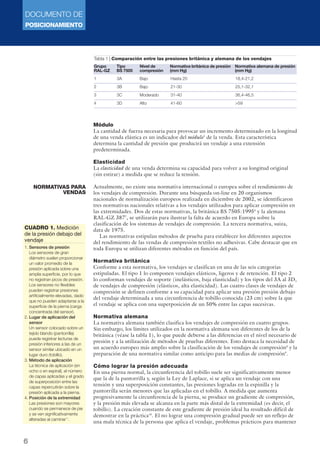 DOCUMENTO DE 
POSICIONAMIENTO 
6 
Grupo Tipo Nivel de Normativa británica de presión Normativa alemana de presión 
RAL-GZ BS 7505 compresión (mm Hg) (mm Hg) 
Módulo 
La cantidad de fuerza necesaria para provocar un incremento determinado en la longitud 
de una venda elástica es un indicador del módulo5 de la venda. Esta característica 
determina la cantidad de presión que producirá un vendaje a una extensión 
predeterminada. 
Elasticidad 
La elasticidad de una venda determina su capacidad para volver a su longitud original 
(sin estirar) a medida que se reduce la tensión. 
Actualmente, no existe una normativa internacional o europea sobre el rendimiento de 
los vendajes de compresión. Durante una búsqueda on-line en 20 organismos 
nacionales de normalización europeos realizada en diciembre de 2002, se identificaron 
tres normativas nacionales relativas a los vendajes utilizados para aplicar compresión en 
las extremidades. Dos de estas normativas, la británica BS 7505:19956 y la alemana 
RAL-GZ 3877, se utilizarán para ilustrar la falta de acuerdo en Europa sobre la 
clasificación de los sistemas de vendajes de compresión. La tercera normativa, suiza, 
data de 1975. 
Las normativas estipulan métodos de prueba para establecer los diferentes aspectos 
del rendimiento de las vendas de compresión textiles no adhesivas. Cabe destacar que en 
toda Europa se utilizan diferentes métodos en función del país. 
Normativa británica 
Conforme a esta normativa, los vendajes se clasifican en una de las seis categorías 
estipuladas. El tipo 1 lo componen vendajes elásticos, ligeros y de retención. El tipo 2 
lo conforman vendajes de soporte (inelásticos, baja elasticidad) y los tipos del 3A al 3D, 
de vendajes de compresión (elásticos, alta elasticidad). Las cuatro clases de vendajes de 
compresión se definen conforme a su capacidad para aplicar una presión presión debajo 
del vendaje determinada a una circunferencia de tobillo conocida (23 cm) sobre la que 
el vendaje se aplica con una superposición de un 50% entre las capas sucesivas. 
Normativa alemana 
La normativa alemana también clasifica los vendajes de compresión en cuatro grupos. 
Sin embargo, los límites utilizados en la normativa alemana son diferentes de los de la 
británica (véase la tabla 1), lo que puede deberse a las diferencias en el nivel necesario de 
presión y a la utilización de métodos de pruebas diferentes. Esto destaca la necesidad de 
un acuerdo europeo más amplio sobre la clasificación de los vendajes de compresión8 y la 
preparación de una normativa similar como anticipo para las medias de compresión9. 
Cómo lograr la presión adecuada 
En una pierna normal, la circunferencia del tobillo suele ser significativamente menor 
que la de la pantorrilla y, según la Ley de Laplace, si se aplica un vendaje con una 
tensión y una superposición constantes, las presiones logradas en la espinilla y la 
pantorrilla serán menores que las aplicadas en el tobillo. A medida que aumenta 
progresivamente la circunferencia de la pierna, se produce un gradiente de compresión, 
y la presión más elevada se alcanza en la parte más distal de la extremidad (es decir, el 
tobillo). La creación constante de este gradiente de presión ideal ha resultado difícil de 
demostrar en la práctica10. El no lograr una compresión gradual puede ser un reflejo de 
una mala técnica de la persona que aplica el vendaje, problemas prácticos para mantener 
CUADRO 1. Medición 
de la presión debajo del 
vendaje 
1. Sensores de presión 
Los sensores de gran 
diámetro suelen proporcionar 
un valor promedio de la 
presión aplicada sobre una 
amplia superficie, por lo que 
no registran picos de presión. 
Los sensores no flexibles 
pueden registrar presiones 
artificialmente elevadas, dado 
que no pueden adaptarse a la 
superficie de la pierna (carga 
concentrada del sensor). 
2. Lugar de aplicación del 
sensor 
Un sensor colocado sobre un 
tejido blando (pantorrilla) 
puede registrar lecturas de 
presión inferiores a las de un 
sensor similar ubicado en un 
lugar duro (tobillo). 
3. Método de aplicación 
La técnica de aplicación (en 
ocho o en espiral), el número 
de capas aplicadas y el grado 
de superposición entre las 
capas repercutirán sobre la 
presión aplicada a la pierna. 
4. Posición de la extremidad 
Las presiones son mayores 
cuando se permanece de pie 
y se ven significativamente 
alteradas al caminar11. 
Tabla 1 | Comparación entre las presiones británica y alemana de los vendajes 
rit 
1 3A Bajo Hasta 20 18,4-21,2 
2 3B Bajo 21-30 25,1-32,1 
3 3C Moderado 31-40 36,4-46,5 
4 3D Alto 41-60 >59 
NORMATIVAS PARA 
VENDAS 
 