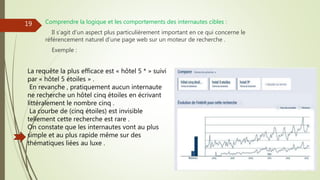Comprendre la logique et les comportements des internautes cibles :
Il s’agit d’un aspect plus particulièrement important en ce qui concerne le
référencement naturel d’une page web sur un moteur de recherche .
Exemple :
La requête la plus efficace est « hôtel 5 * » suivi
par « hôtel 5 étoiles » .
En revanche , pratiquement aucun internaute
ne recherche un hôtel cinq étoiles en écrivant
littéralement le nombre cinq .
La courbe de (cinq étoiles) est invisible
tellement cette recherche est rare .
On constate que les internautes vont au plus
simple et au plus rapide même sur des
thématiques liées au luxe .
19
 
