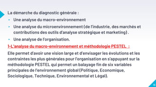 La démarche du diagnostic générale :
▸ Une analyse du macro-environnement
▸ Une analyse du microenvironnement (de l’industrie, des marchés et
contributions des outils d’analyse stratégique et marketing) .
▸ Une analyse de l’organisation.
1-L’analyse du macro-environnement et méthodologie PESTEL :
Elle permet d’avoir une vision large et d’envisager les évolutions et les
contraintes les plus générales pour l’organisation en s’appuyant sur la
méthodologie PESTEL qui permet un balayage fin de six variables
principales de l’environnement global (Politique, Economique,
Sociologique, Technique, Environnemental et Légal).
13
 