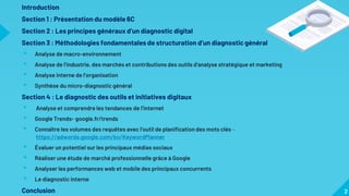Introduction
Section 1 : Présentation du modèle 6C
Section 2 : Les principes généraux d’un diagnostic digital
Section 3 : Méthodologies fondamentales de structuration d’un diagnostic général
▸ Analyse de macro-environnement
▸ Analyse de l’industrie, des marchés et contributions des outils d’analyse stratégique et marketing
▸ Analyse interne de l’organisation
▸ Synthèse du micro-diagnostic général
Section 4 : Le diagnostic des outils et initiatives digitaux
▸ Analyse et comprendre les tendances de l’internet
▸ Google Trends- google.fr/trends
▸ Connaître les volumes des requêtes avec l’outil de planification des mots clés –
https://adwords.google.com/ko/KeywordPlanner
▸ Évaluer un potentiel sur les principaux médias sociaux
▸ Réaliser une étude de marché professionnelle grâce à Google
▸ Analyser les performances web et mobile des principaux concurrents
▸ Le diagnostic interne
Conclusion 2
 