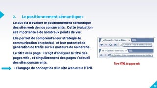 2. Le positionnement sémantique :
Le but est d’évaluer le positionnement sémantique
des sites web de nos concurrents . Cette évaluation
est importante à de nombreux points de vue.
Elle permet de comprendre leur stratégie de
communication en général , et leur potentiel de
génération de trafic sur les moteurs de recherche .
Le titre de la page :il s’agit d’analyser le titre des
pages web , et singulièrement des pages d’accueil
des sites concurrents.
Le langage de conception d’un site web est le HTML
32
Titre HTML de pages web
 
