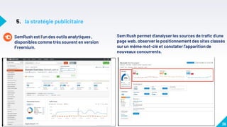 36
SemRush est l’un des outils analytiques ,
disponibles comme très souvent en version
Freemium.
Sem Rush permet d’analyser les sources de trafic d’une
page web, observer le positionnement des sites classés
sur un même mot-clé et constater l’apparition de
nouveaux concurrents.
5. la stratégie publicitaire
 