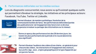 3. Performances éditoriales sur les médias sociaux
Lors du diagnostic concurrentiel, nous avons vu qu'il existait quelques outils
qui permettent d'évaluer la stratégie, les initiatives et les principaux acteurs:
Facebook, YouTube, Twitter et LinkedIn.
41
Permet d'évaluer, de manière synthétique, l'évolution de la
communauté (nombre de fans), des performances éditoriales (portée
des publications) et de l'engagement des fans (c’est-à-dire leur
propension à évaluer ou partager des informations sur le réseau).
Donne un aperçu des performance lors des 28 derniers jours, les
tweets les plus performants de la période et le nouvel abonné les
plus significatif.
Permet d’évaluer l’audience des vidéos d’une chaine , en général et pour
chacune des vidéos , les interactions et l’engagement des visiteurs ,
leur profil, ( âge , sexe , origine géographique) et le type d’appareils qui
ont permis l’accès.
 