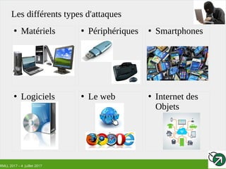 RMLL 2017 – 4 Juillet 2017
Les différents types d'attaques
●
Matériels ●
Périphériques ●
Smartphones
●
Internet des
Objets
●
Le web●
Logiciels
 