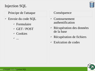 RMLL 2017 – 4 Juillet 2017
✔
Envoie du code SQL
✔
Formulaire
✔
GET / POST
✔
Cookies
✔
...
✔
Contournement
authentification
✔
Récupération des données
de la base
✔
Récupération de fichiers
✔
Exécution de codes
Principe de l'attaque Conséquence
Injection SQL
OWASP : A1 - Injection SQL
 