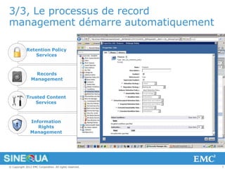 3/3, Le processus de record
management démarre automatiquement

             Retention Policy
 RPS            Services



                  Records
  RM            Management



             Trusted Content
 TCS            Services



                Information
  IRM              Rights
                Management




© Copyright 2012 EMC Corporation. All rights reserved.   7
 