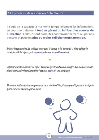2. Le processus de résistance à l’interférence



 Il s’agit de la capacité à maintenir temporairement les informations
 en cours de traitement tout en gérant ou inhibant les sources de
 distraction. Celles-ci sont produites par l’environnement ou par nos
 pensées et peuvent plus ou moins solliciter notre attention.


 Brigitte lit ses courriels. Sa collègue entre dans le bureau et lui demande si elle a déjà vu la
 secrétaire. Elle lui répond puis reprend sa lecture là où elle en était.

                                                   ∞

 Delphine compte le nombre de copies d’examen qu’elle doit encore corriger. A ce moment, le télé-
 phone sonne, elle répond, transfère l’appel et poursuit son comptage.

                                                   ∞

 Alors que Nathan écrit le compte-rendu de la réunion d’hier, il se surprend à penser à la dispute
 qu’il a eue avec sa compagne ce matin.




                                                 14
Comprendre les fonctions exécutives                          Comprendre la mémoire de travail
 