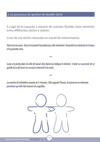 3. Le processus de gestion de double tâche


 Il s’agit de la capacité à répartir de manière flexible notre attention
 entre différentes tâches à réaliser.

 L’une de ces tâches nécessite un travail de mémorisation.

 Tania est au cours. Tout en écoutant le professeur, elle maintient l’essentiel en mémoire le temps
 d’en prendre note.

                                                ∞

 Lucas est perdu dans la ville de Gand. Une dame lui indique le chemin : il doit se souvenir de ce
 qu’elle lui a dit tout en restant attentif à la route.

                                                ∞

 La montre de Géraldine retarde de 5 minutes. Elle regarde l’heure, la conserve en mémoire
 pendant qu’elle fait tourner les aiguilles.




                                               15
Comprendre la mémoire de travail
 