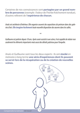 Certaines de nos connaissances sont partagées par un grand nom-
 bre de personnes (exemple : l’odeur de l’herbe fraîchement tondue),
 d’autres relèvent de l’expérience de chacun.


 Anaïs est architecte d’intérieur. Elle organise souvent des expositions de peinture dans des gale-
 ries d’art. Elle imagine facilement toute nouvelle disposition des œuvres dans les salles.

                                                 ∞

 Guillaume est policier depuis 10 ans. Après avoir assisté à une scène, il est capable de relater non
 seulement les éléments importants mais aussi des détails judicieux pour l’enquête.



 Anaïs et Guillaume sont tous les deux experts : ils ont stocké en
 mémoire à long terme une série d’expériences dont ils peuvent
 se servir lors de la récupération ou de la création de nouvelles
 scènes.




                                                17
Comprendre la mémoire de travail
 
