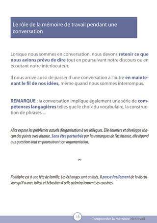 Le rôle de la mémoire de travail pendant une
 conversation



Lorsque nous sommes en conversation, nous devons retenir ce que
nous avions prévu de dire tout en poursuivant notre discours ou en
écoutant notre interlocuteur.

Il nous arrive aussi de passer d’une conversation à l’autre en mainte-
nant le fil de nos idées, même quand nous sommes interrompus.


REMARQUE : la conversation implique également une série de com-
pétences langagières telles que le choix du vocabulaire, la construc-
tion de phrases ...


Alice expose les problèmes actuels d’organisation à ses collègues. Elle énumère et développe cha-
cun des points avec aisance. Sans être perturbée par les remarques de l’assistance, elle répond
aux questions tout en poursuivant son argumentation.


                                               ∞


Rodolphe est à une fête de famille. Les échanges sont animés. Il passe facilement de la discus-
sion qu’il a avec Julien et Sébastien à celle qu’entretiennent ses cousines.




                                             18
                                                        Comprendre la mémoire de travail
 