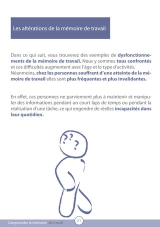 Les altérations de la mémoire de travail



 Dans ce qui suit, vous trouverez des exemples de dysfonctionne-
 ments de la mémoire de travail. Nous y sommes tous confrontés
 et ces difficultés augmentent avec l’âge et le type d’activités.
 Néanmoins, chez les personnes souffrant d’une atteinte de la mé-
 moire de travail elles sont plus fréquentes et plus invalidantes.


 En effet, ces personnes ne parviennent plus à maintenir et manipu-
 ler des informations pendant un court laps de temps ou pendant la
 réalisation d’une tâche, ce qui engendre de réelles incapacités dans
 leur quotidien.

 	




                                   21
Comprendre la mémoire de travail
 