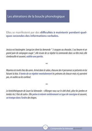 Les altérations de la boucle phonologique



Elles se manifestent par des difficultés à maintenir pendant quel-
ques secondes des informations verbales.



Jessica est boulangère. Lorsqu’un client lui demande “ 3 couques au chocolat, 5 au beurre et un
grand pain de campagne coupé ”, elle essaie de se répéter la commande dans sa tête mais elle
s’embrouille et souvent, oublie une partie.

                                               ∞

Maxime est invité chez des amis. Arrivé dans le salon, chacune des 4 personnes se présente en lui
faisant la bise. Il tente de se répéter mentalement les prénoms de chacun mais n’y parvient
pas, en oublie ou les confond.

                                               ∞

Le kinésithérapeute de Laure lui demande : «Allongez-vous sur le côté droit, pliez les jambes et
tendez-les 5 fois de suite». Elle peine à retenir entièrement ce type de consigne et souvent,
se trompe dans l’ordre des étapes.




                                             22
                                                     Comprendre la mémoire de travail
 