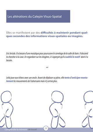 Les altérations du Calepin Visuo-Spatial



 Elles se manifestent par des difficultés à maintenir pendant quel-
 ques secondes des informations visuo-spatiales ou imagées.




 Eric bricole. Il a besoin d’une mosaïque pour poursuivre le carrelage de la salle de bain. Il descend
 la chercher à la cave. En regardant sur les étagères, il s’aperçoit qu’il a oublié le motif dont il a
 besoin.

                                                  ∞


 Leila joue aux échecs avec son oncle. Avant de déplacer sa pièce, elle tente d’anticiper menta-
 lement les mouvements de l’adversaire mais n’y arrive plus.




                                                23
Comprendre la mémoire de travail
 