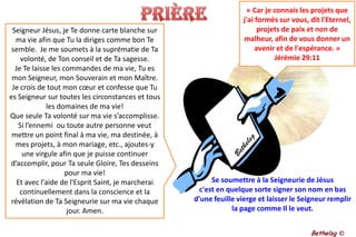 Prière« Car je connais les projets que j'ai formés sur vous, dit l'Eternel, projets de paix et non de malheur, afin de vous donner un avenir et de l'espérance. » Jérémie 29:11Seigneur Jésus, je Te donne carte blanche sur ma vie afin que Tu la diriges comme bon Te semble.  Je me soumets à la suprématie de Ta volonté, de Ton conseil et de Ta sagesse. Je Te laisse les commandes de ma vie, Tu es mon Seigneur, mon Souverain et mon Maître. Je crois de tout mon cœur et confesse que Tu es Seigneur sur toutes les circonstances et tous les domaines de ma vie! Que seule Ta volonté sur ma vie s’accomplisse.  Si l’ennemi  ou toute autre personne veut mettre un point final à ma vie, ma destinée, à mes projets, à mon mariage, etc., ajoutes-y une virgule afin que je puisse continuer d’accomplir, pour Ta seule Gloire, Tes desseins pour ma vie! Et avec l'aide de l'Esprit Saint, je marcherai continuellement dans la conscience et la révélation de Ta Seigneurie sur ma vie chaque jour. Amen.Se soumettre à la Seigneurie de Jésus c'est en quelque sorte signer son nom en bas d’une feuille vierge et laisser le Seigneur remplir la page comme Il le veut.Bethelsg ©
