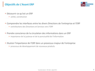 Objectifs de L'Avant ERP
• Découvrir ce qu'est un ERP
• utilité, constitution
• Comprendre les interfaces entre les divers Directions de l'entreprise et l'ERP
• contributions des Directions et Services vers l'ERP
• Prendre conscience de la circulation des informations dans un ERP
• importance de la justesse et de la ponctualité de l'information
• Illustrer l'importance de l'ERP dans un processus majeur de l'entreprise
• processus de développement de nouveaux produits
3
Tout droit réservé - CIPE 2015 - www.CIPE.fr
 