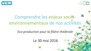 Comprendre les enjeux socio-
environnementaux de nos activités
Le 30 mai 2016
Eco-production pour la filière théâtrale
 