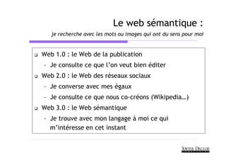 Le web sémantique :
   je recherche avec les mots ou images qui ont du sens pour moi


Web 1.0 : le Web de la publication
– Je consulte ce que l’on veut bien éditer
Web 2.0 : le Web des réseaux sociaux
– Je converse avec mes égaux
– Je consulte ce que nous co-créons (Wikipedia…)
Web 3.0 : le Web sémantique
– Je trouve avec mon langage à moi ce qui
  m’intéresse en cet instant
 
