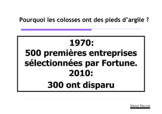Pourquoi les colosses ont des pieds d’argile ?


           1970:
 500 premières entreprises
 sélectionnées par Fortune.
           2010:
      300 ont disparu
 