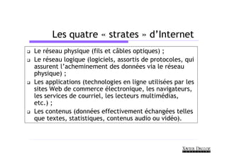 Les quatre « strates » d’Internet
Le réseau physique (fils et câbles optiques) ;
Le réseau logique (logiciels, assortis de protocoles, qui
assurent l’acheminement des données via le réseau
physique) ;
Les applications (technologies en ligne utilisées par les
sites Web de commerce électronique, les navigateurs,
les services de courriel, les lecteurs multimédias,
etc.) ;
Les contenus (données effectivement échangées telles
que textes, statistiques, contenus audio ou vidéo).
 