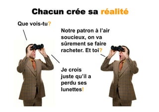 Chacun crée sa réalité
Que vois-tu?
               Notre patron à l’air
               soucieux, on va
               sûrement se faire
               racheter. Et toi?


               Je crois
               juste qu’il a
               perdu ses
               lunettes!
 