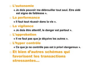 o  L’autonomie
  « Je dois pouvoir me débrouiller tout seul. Etre aidé
    est signe de faiblesse ».
o  La performance
  « Il faut tout réussir dans la vie ».
o  La vigilance
  « Je dois être attentif, le danger est partout ».
o  L’approbation
  « Il ne faut pas que je déçoive les autres ».
o  L’hyper contrôle
  « Ce que je ne contrôle pas est à priori dangereux ».
o  Et bien d’autres schémas qui
   favorisent les transactions
   stressantes…
 