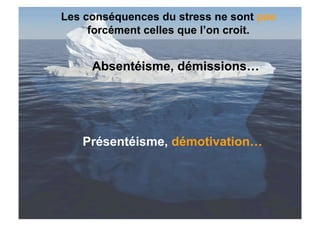 Les conséquences du stress ne sont pas
     forcément celles que l’on croit.


     Absentéisme, démissions…




   Présentéisme, démotivation…
 