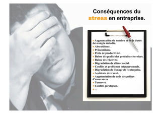 Conséquences du
stress en entreprise.


   Augmentation   du nombre et de la durée
 des congés maladie.
   Absentéisme.
   Présentéisme.
   Perte de productivité.
   Baisse de qualité des produits et services.
   Baisse de créativité.
   Dégradation du climat social.
   Conflits et problèmes interpersonnels.
   Dégradation de l’image de l’entreprise.
   Accidents de travail.
   Augmentation du coût des polices
 d’assurances
   Turnover.
   Conflits juridiques.
   ...
 