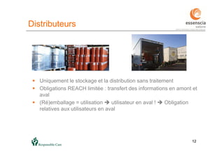 1212
Distributeurs
 Uniquement le stockage et la distribution sans traitement
 Obligations REACH limitée : transfert des informations en amont et
aval
 (Ré)emballage = utilisation  utilisateur en aval !  Obligation
relatives aux utilisateurs en aval
 