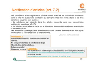 120120
Notification d’articles (art. 7.2)
Les producteurs et les importateurs doivent notifier à l'ECHA les substances énumérées
dans la liste des substances candidates qui sont présentes dans leurs articles si les deux
conditions suivantes sont réunies :
- La substance est présente dans les articles concernés dans une concentration
poids/poids supérieure à 0,1 %.
- La substance est présente dans ces articles dans des quantités atteignant au total plus
d'une tonne par an.
Les entreprises doivent procéder à la notification dans un délai de moins de six mois après
l'inclusion de la substance dans la liste candidate.
[Source: ECHA website]
Que notifier ?
Noms/coordonnées du fabricant/importateur de
l’article
N° enregistrement de la substance si dispo
Identité, C&L de la substance
Brève description
Classe de tonnage Comment ?
Via REACH-IT ou webform (mais nécessaire d’avoir compte REACH-IT )
http://echa.europa.eu/support/dossier-submission-tools/reach-it/notifying-substances-in-articles
Guidance articles :
http://echa.europa.eu/documents/10162/13653/dsm_20_notif_sia_en.pdf
 