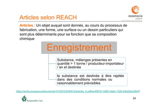 24
Articles selon REACH
24
https://echa.europa.eu/documents/10162/23036412/articles_fr.pdf/ac4f5231-0d82-0abb-132b-54dd2ba38d47
Enregistrement
Substance, mélanges présentes en
quantité > 1 tonne / producteur-importateur
/ an et destinée
la substance est destinée à être rejetée
dans des conditions normales ou
raisonnablement prévisibles
Articles : Un objet auquel sont donnés, au cours du processus de
fabrication, une forme, une surface ou un dessin particuliers qui
sont plus déterminants pour sa fonction que sa composition
chimique
 